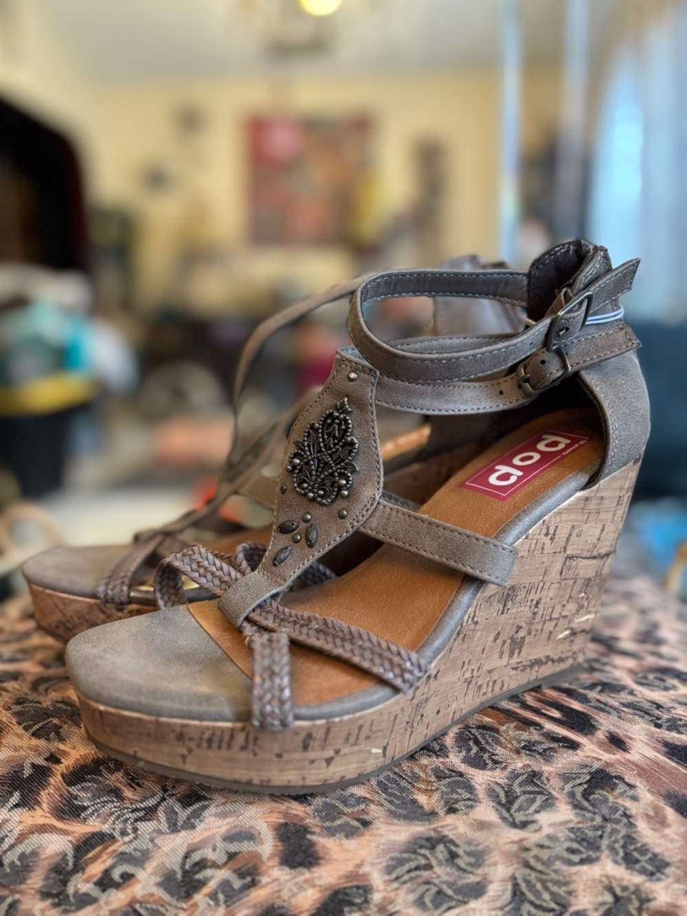 b.o.c. Taupe Braided Cork Wedge Sandals with Decorative Medallion